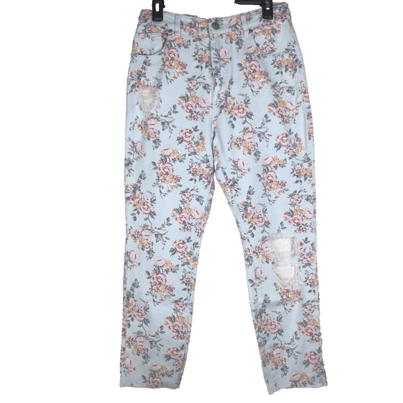 Cotton On High 90s Jeans High Rise Floral Print Light Wash Straight Distressed 8 - Picture 1 of 9